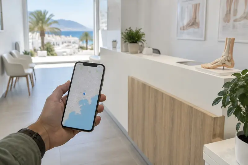 Recepción de una clínica podológica en un pueblo costero andaluz luminoso, con una mano sosteniendo un móvil que muestra un mapa