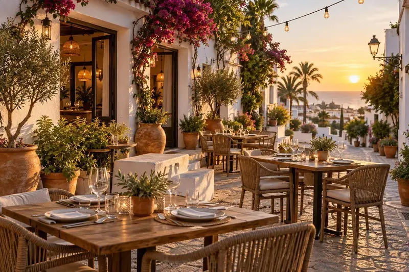 Terraza de restaurante mediterráneo en Estepona al atardecer con mesas preparadas