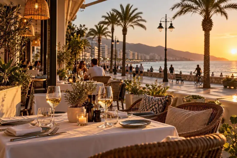 Terraza de restaurante mediterráneo en Fuengirola al atardecer, con mesas preparadas y vista al paseo marítimo