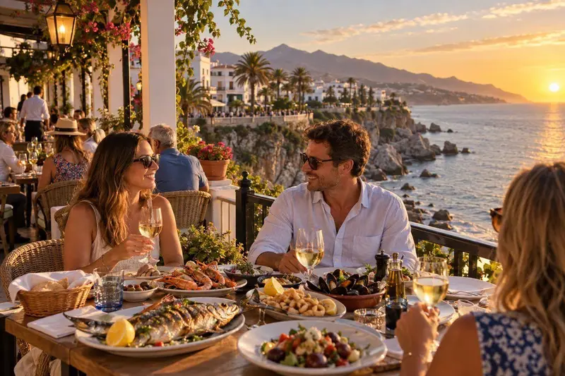 Restaurante acogedor en Nerja con terraza y clientes cenando junto al mar