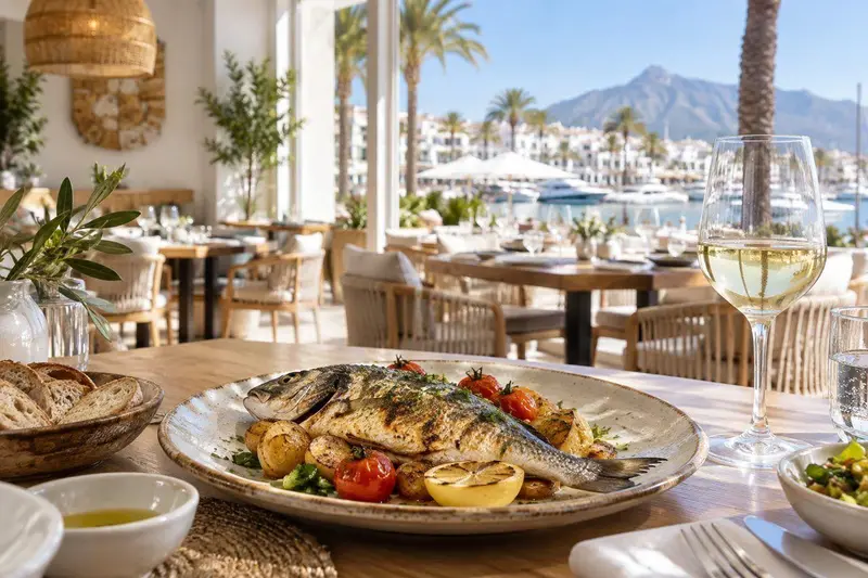 Restaurante mediterráneo en San Pedro Alcántara con mesas preparadas y luz cálida