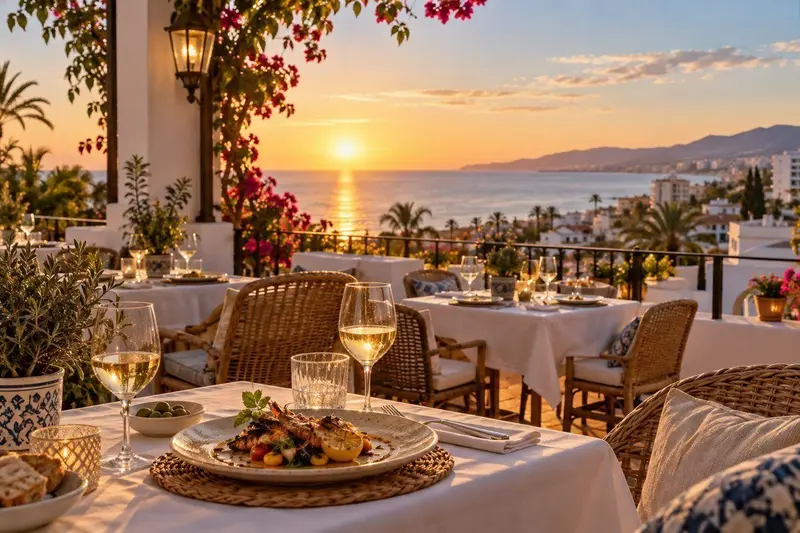 Terraza de un restaurante mediterráneo en Torremolinos al atardecer
