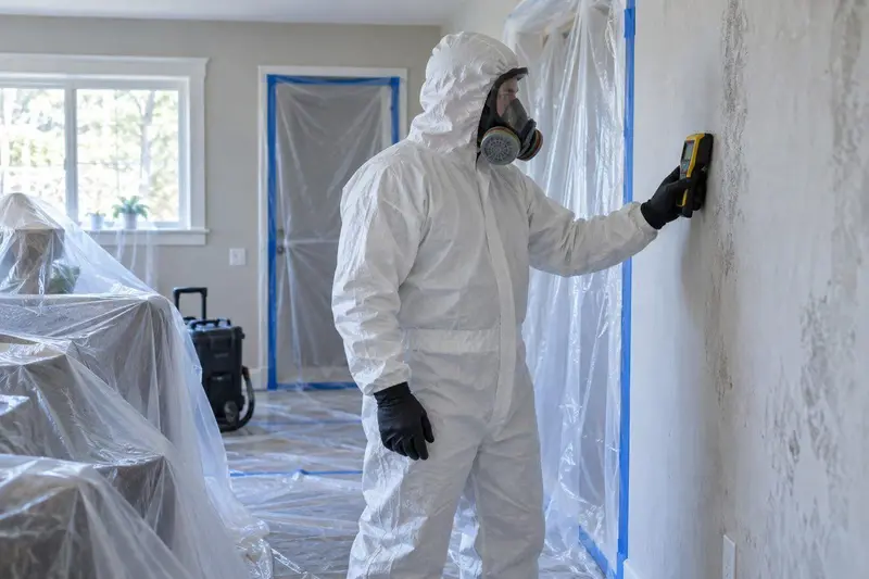 Técnico con traje de protección y respirador revisando una pared durante un trabajo de retirada de amianto en Marbella