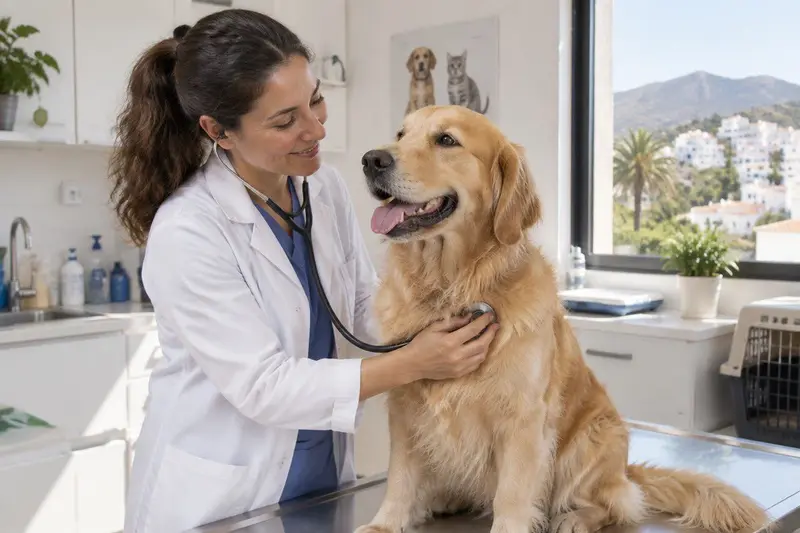 Veterinario examinando a un perro en una clínica moderna de Mijas