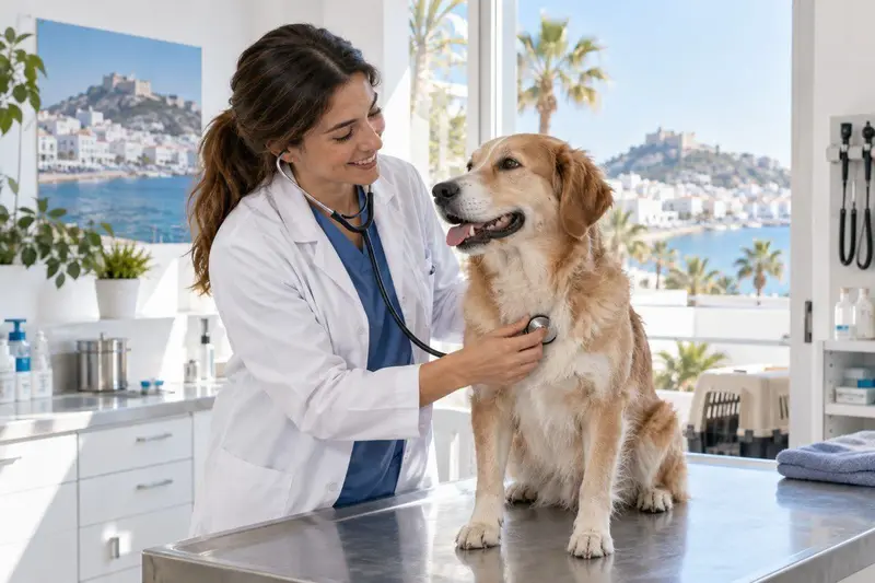 Veterinario examinando a un perro en una clínica moderna de Nerja