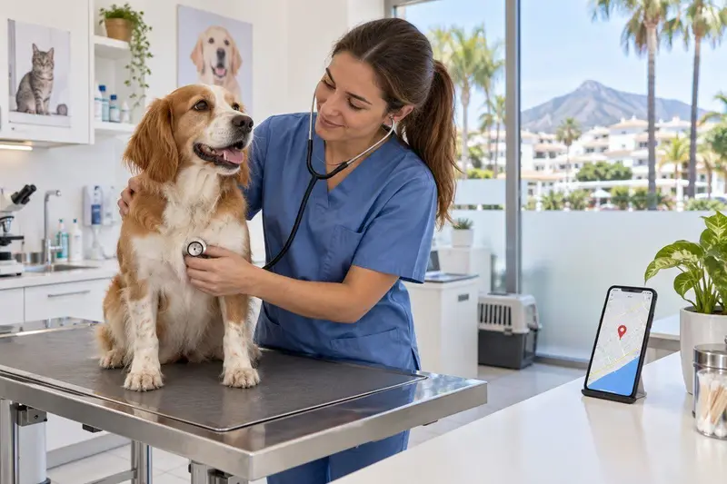 Veterinario examinando a un perro en una clínica de San Pedro Alcántara