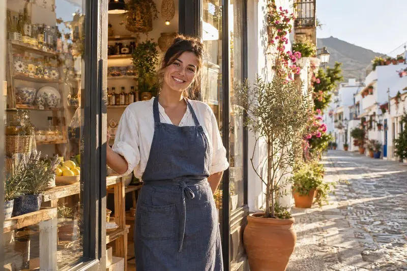 Pequeño negocio local con escaparate y dependiente sonriente en un barrio mediterráneo
