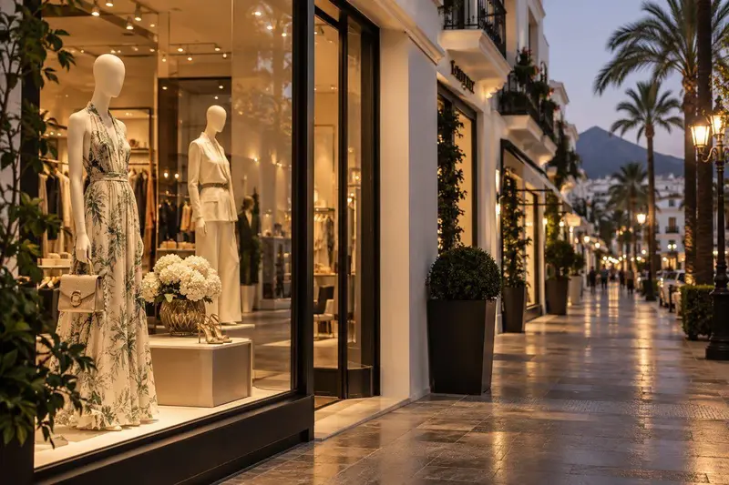 Escaparate elegante de una boutique en una calle comercial de Marbella al atardecer