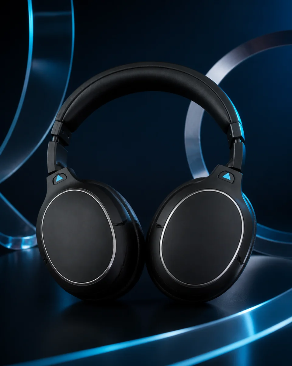 Auriculares negros en un escenario abstracto azul y cian