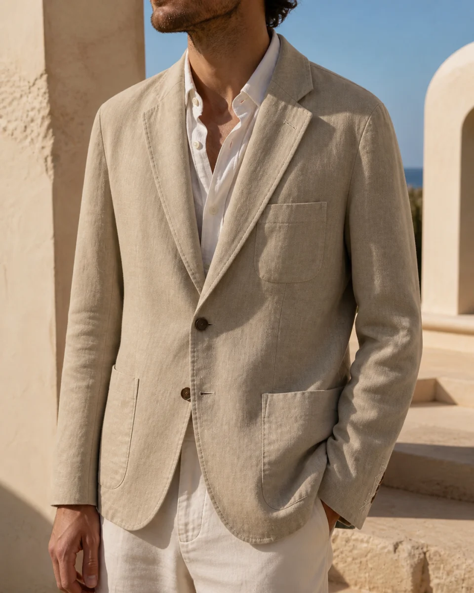 Americana beige fotografiada sobre un modelo en una campaña mediterránea